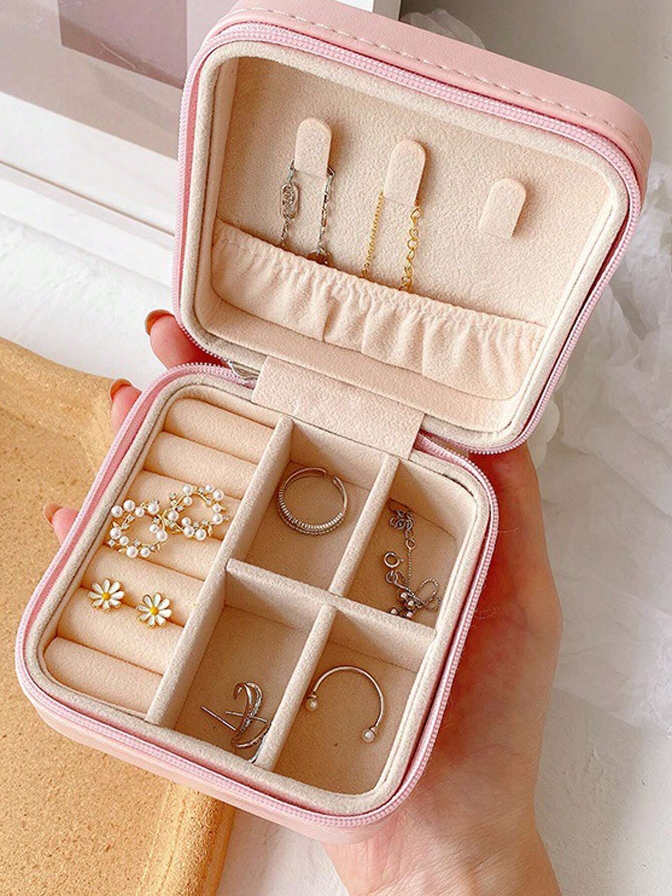 Leather Jewellery Storage Box | Earrings Ring Box Cosmetics Beauty Organizer | Random Color