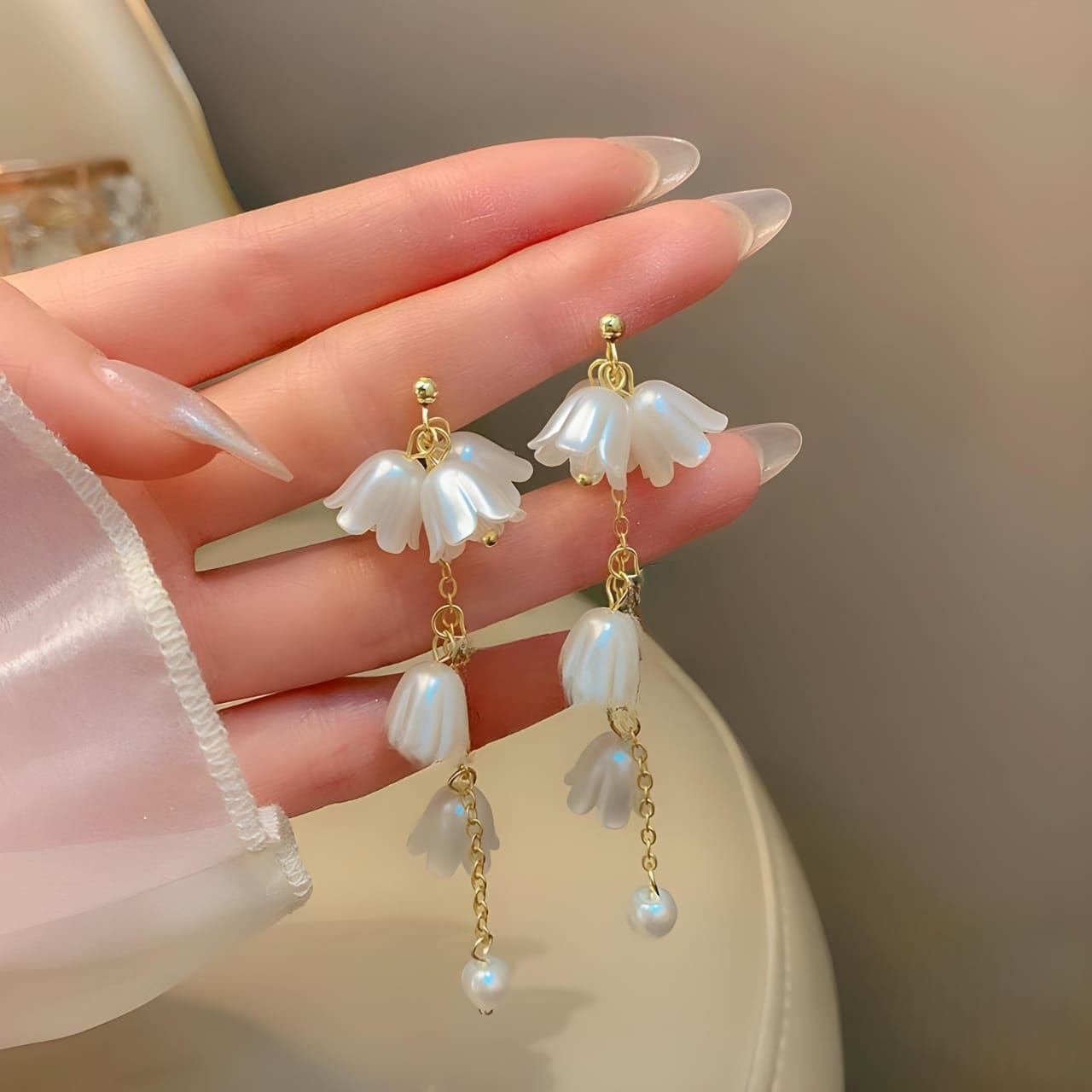 SHEIN Elegant Pearl & Flower Drop Earrings for Women & Girls – Stylish Korean Jewelry