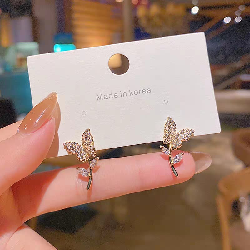 Golden Butterfly Flower Style Zircon Studs for Women & Girls – Elegant Fashion Earrings