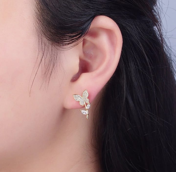Golden Butterfly Flower Style Zircon Studs for Women & Girls – Elegant Fashion Earrings