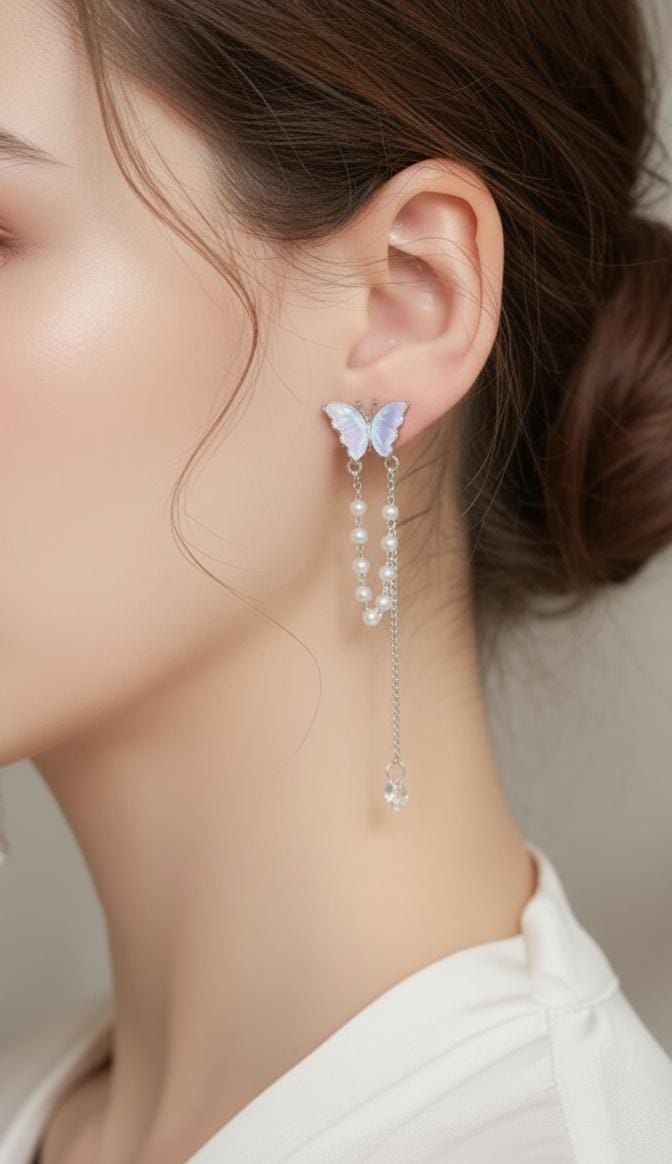 MIJA S925 Elegant Butterfly Pearl Tassel Drop Earrings for Women & Girls – Golden Pair
