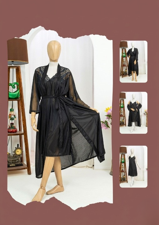 Premium Silk 2-Piece Bridal Nightwear Set – Elegant Lace Embroidery Sleepwear Free Size Black | Women Luxury Night Dress