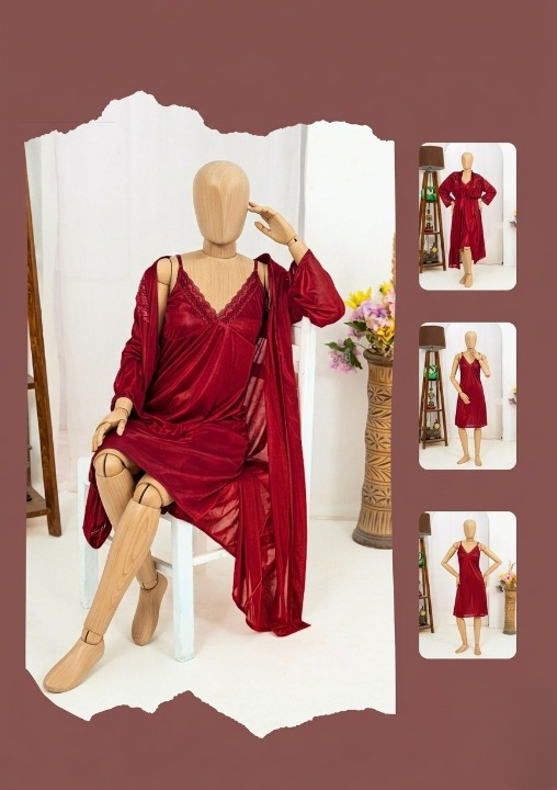Premium Silk 2-Piece Bridal Nightwear Set – Elegant Lace Embroidery Sleepwear Free Size Black | Women Luxury Night Dress